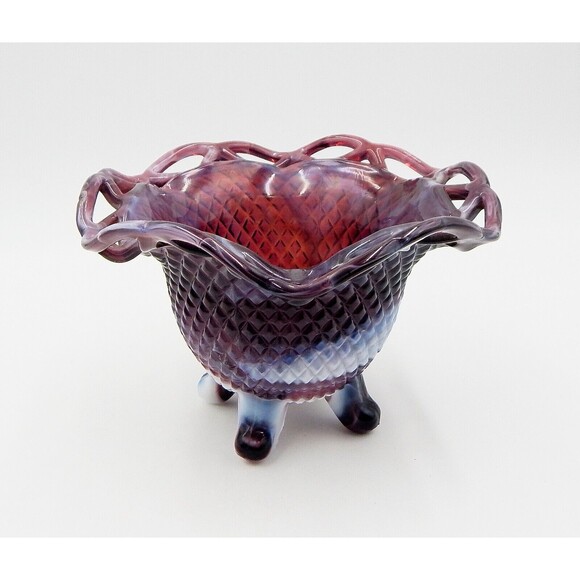 Imperial Diamond Lace Candy Dish Pattern Purple Slag Three Toed Glass Bowl - Picture 1 of 9
